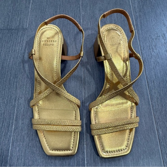SEZANE PERNILLE SANDALS GOLD 37 6.5 Strappy Block Heel Square Toe Metallic Shoes - Picture 13 of 16